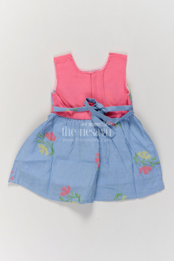 Girls Grey Cotton Blend Frock with Pink Yoke and Floral Embroidery