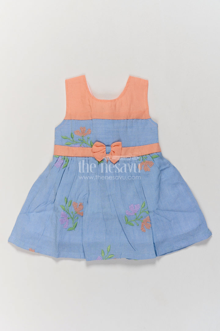 Girls Grey and Apricot Cotton Blend Frock with Embroidered Flowers