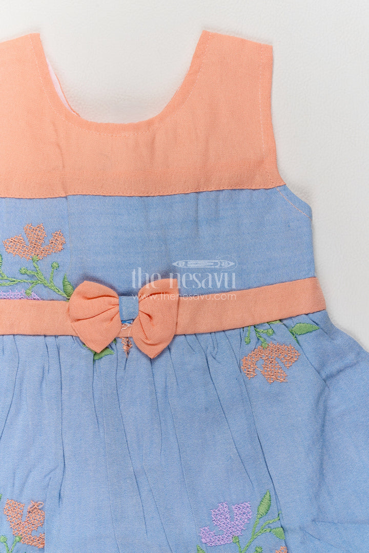 Girls Grey and Apricot Cotton Blend Frock with Embroidered Flowers