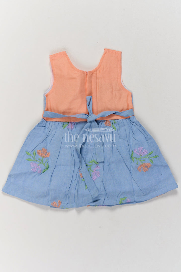 Girls Grey and Apricot Cotton Blend Frock with Embroidered Flowers