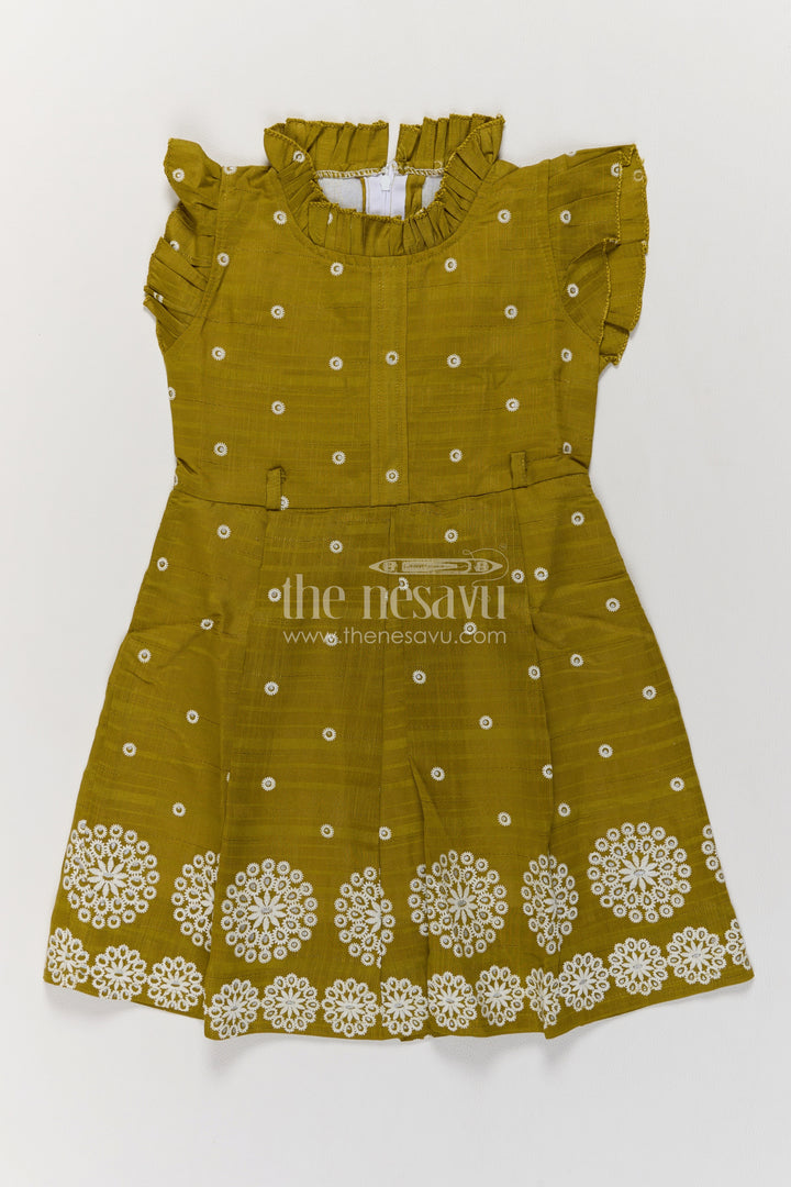 Girls Olive Cotton Frock with White Circle Embroidery and Ruffle Neck