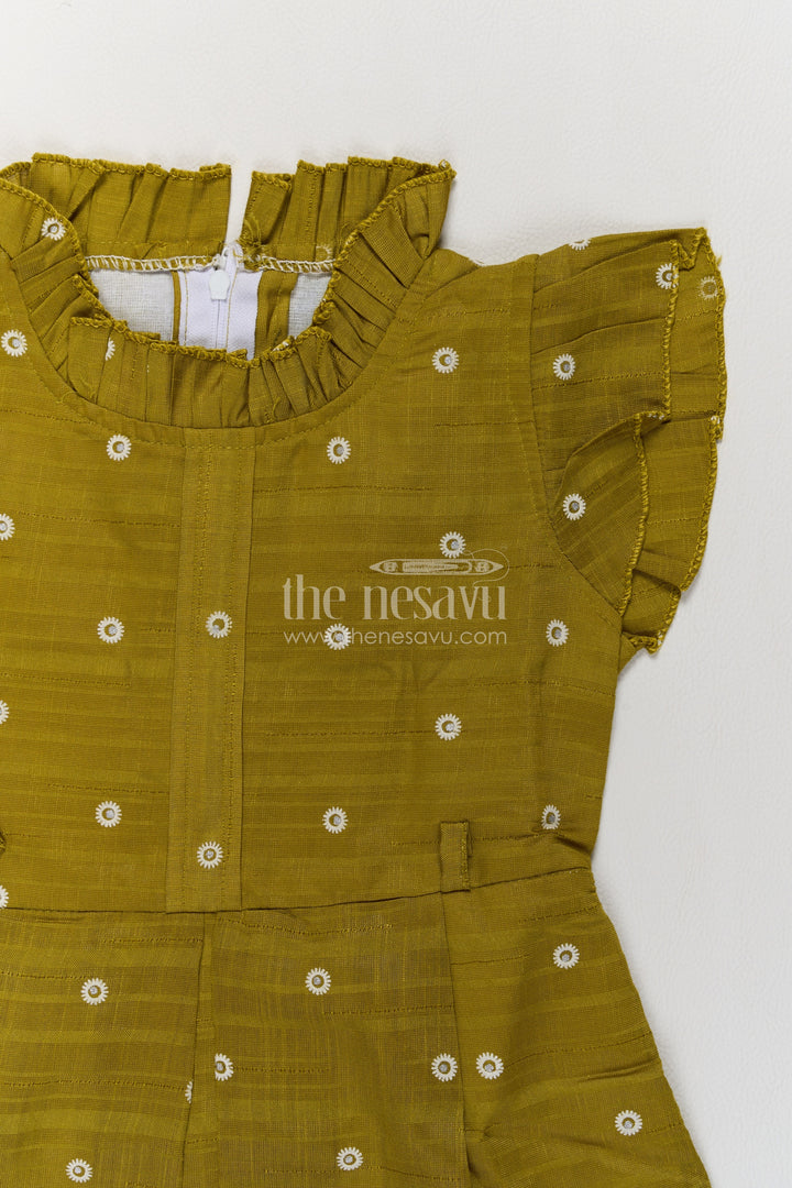 Girls Olive Cotton Frock with White Circle Embroidery and Ruffle Neck