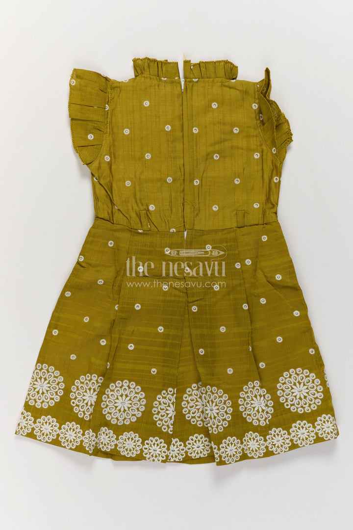 Girls Olive Cotton Frock with White Circle Embroidery and Ruffle Neck