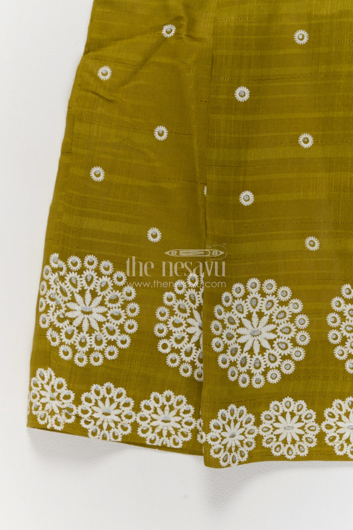 Girls Olive Cotton Frock with White Circle Embroidery and Ruffle Neck