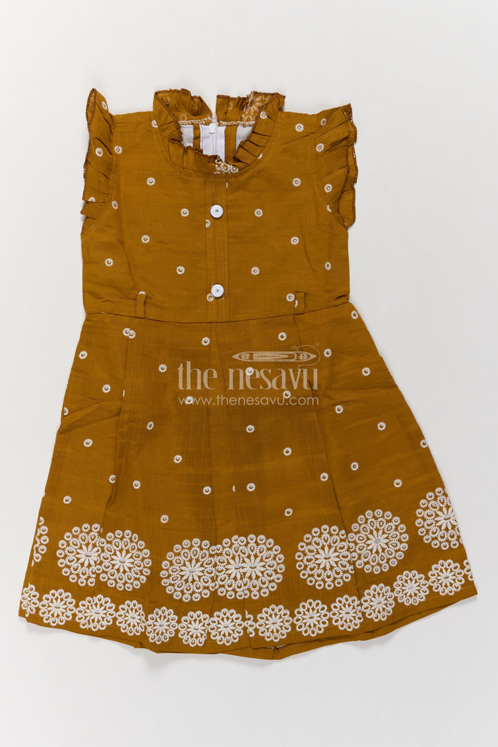 Girls Ochre Brown Cotton Frock with Circular White Embroidered Border
