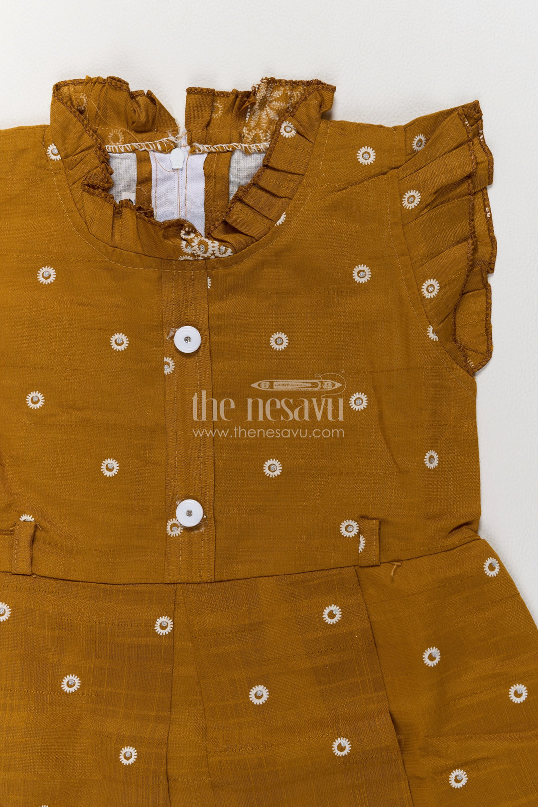 Girls Ochre Brown Cotton Frock with Circular White Embroidered Border