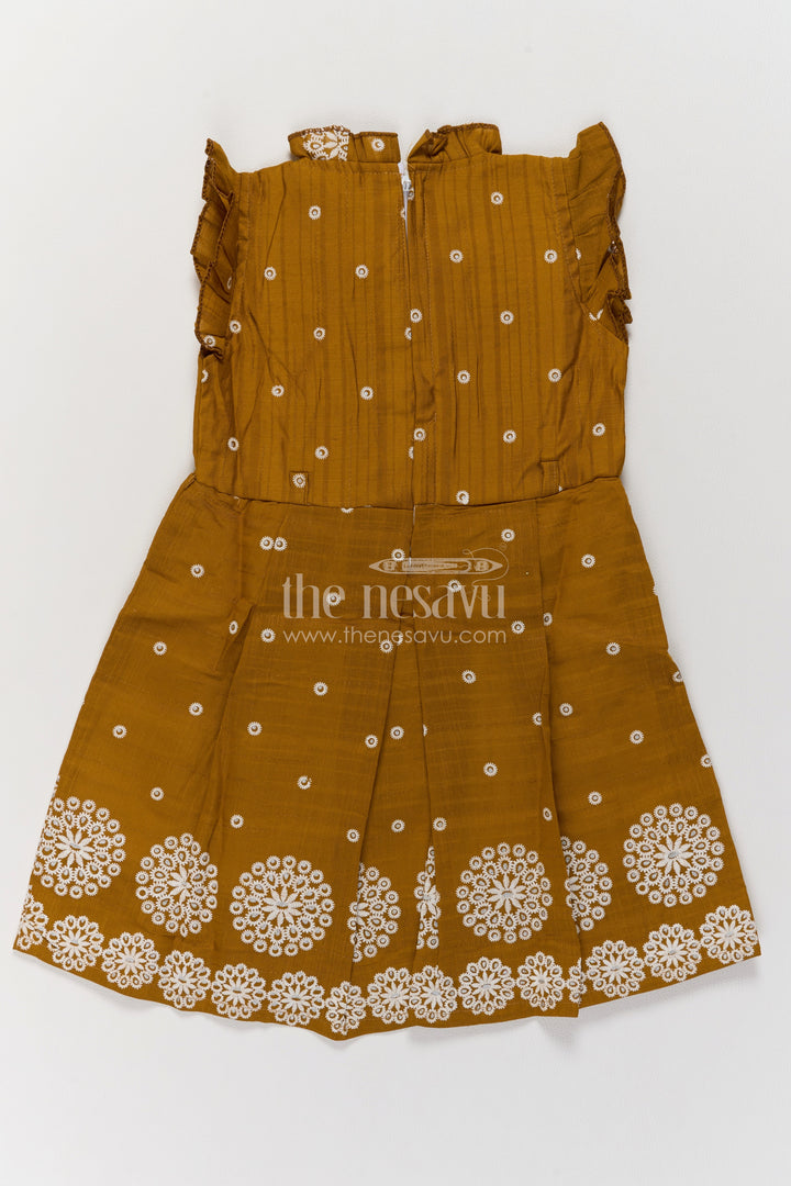 Girls Ochre Brown Cotton Frock with Circular White Embroidered Border