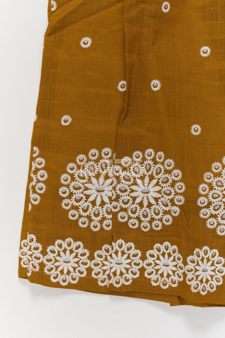 Girls Ochre Brown Cotton Frock with Circular White Embroidered Border