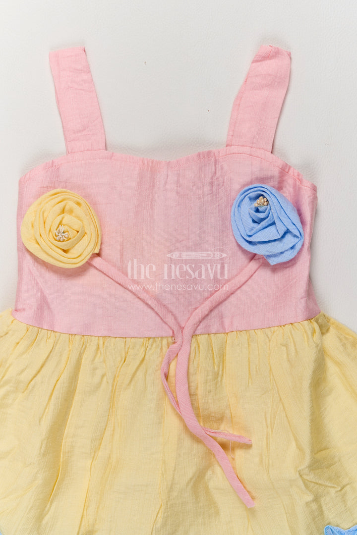 Girls Pastel Cotton Blend Frock with Pink Bodice and Rosette Tiers