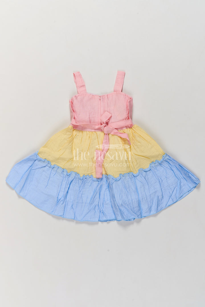 Girls Pastel Cotton Blend Frock with Pink Bodice and Rosette Tiers