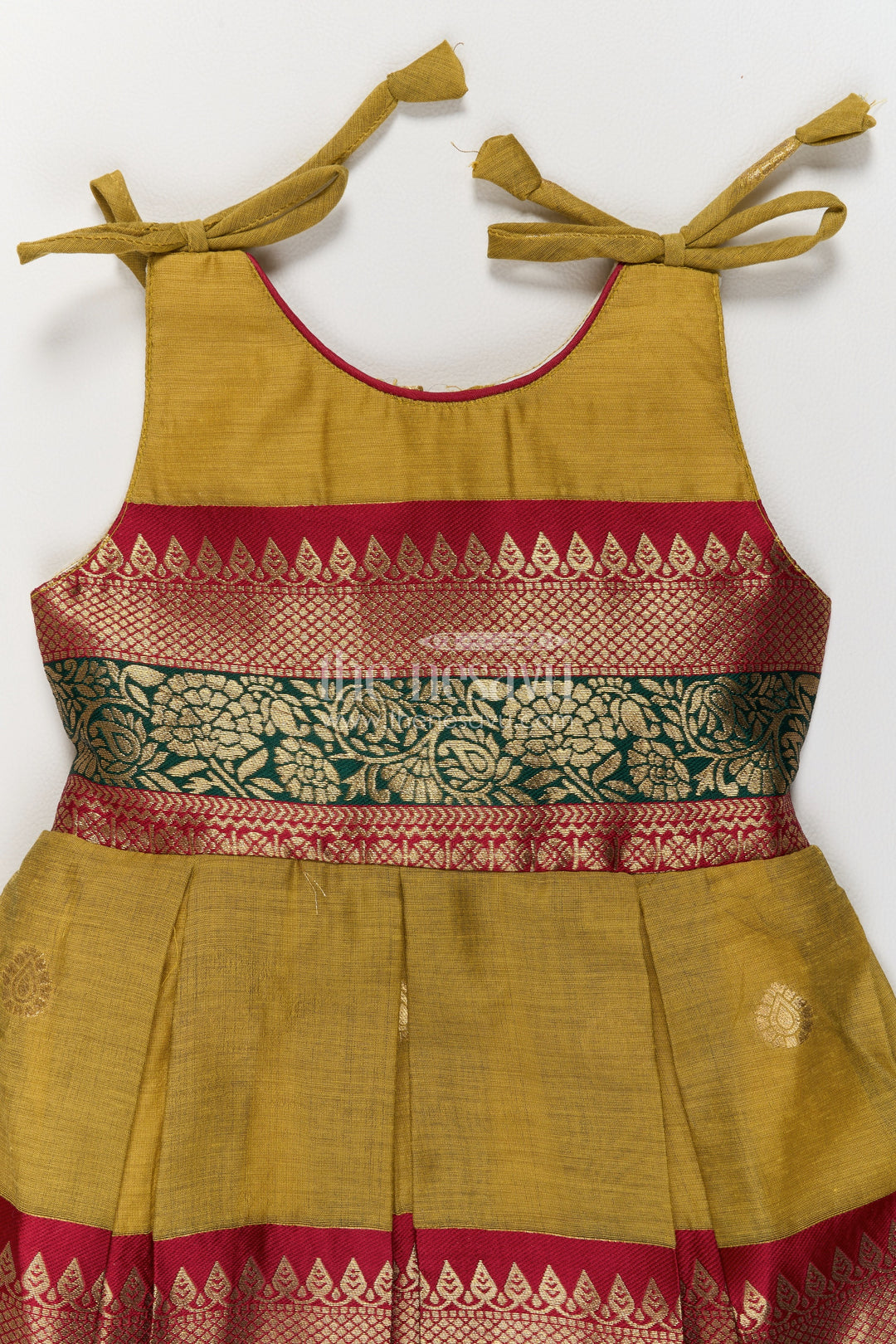 Girls Mustard Cotton Blend Tie Strap Frock with Green and Maroon Borders