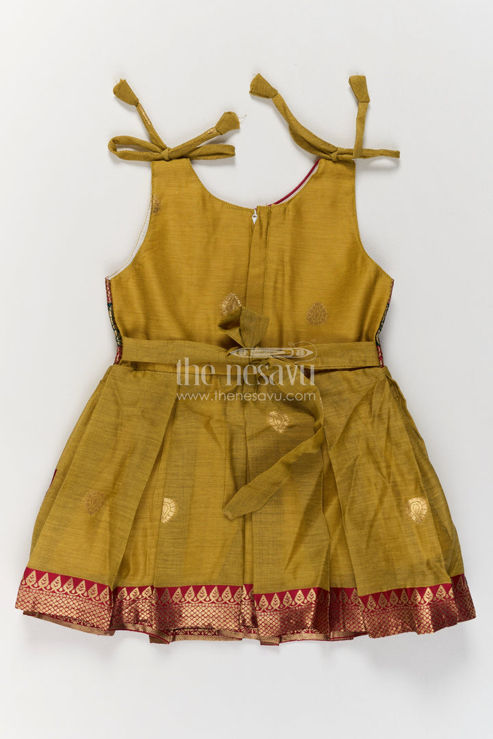 Girls Mustard Cotton Blend Tie Strap Frock with Green and Maroon Borders