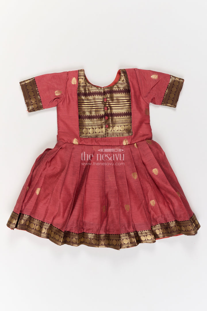 Girls Dusty Rose Gold Geometric Border Silk Blend Ethnic Frock