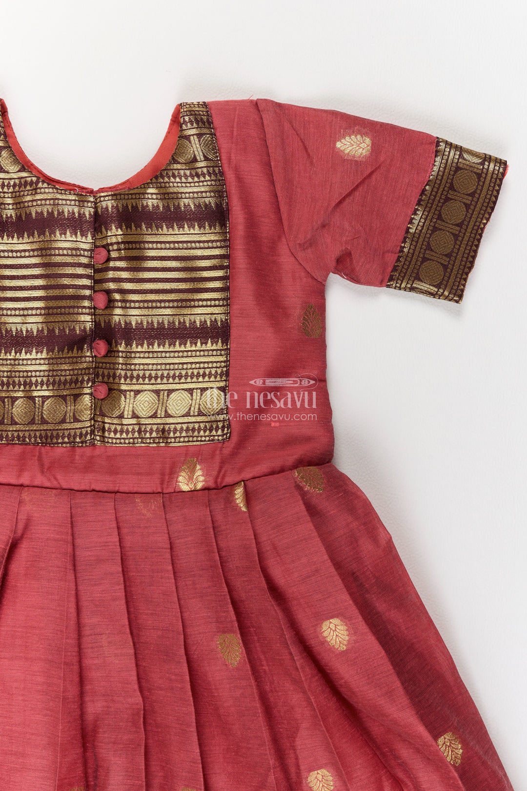 Girls Dusty Rose Gold Geometric Border Silk Blend Ethnic Frock