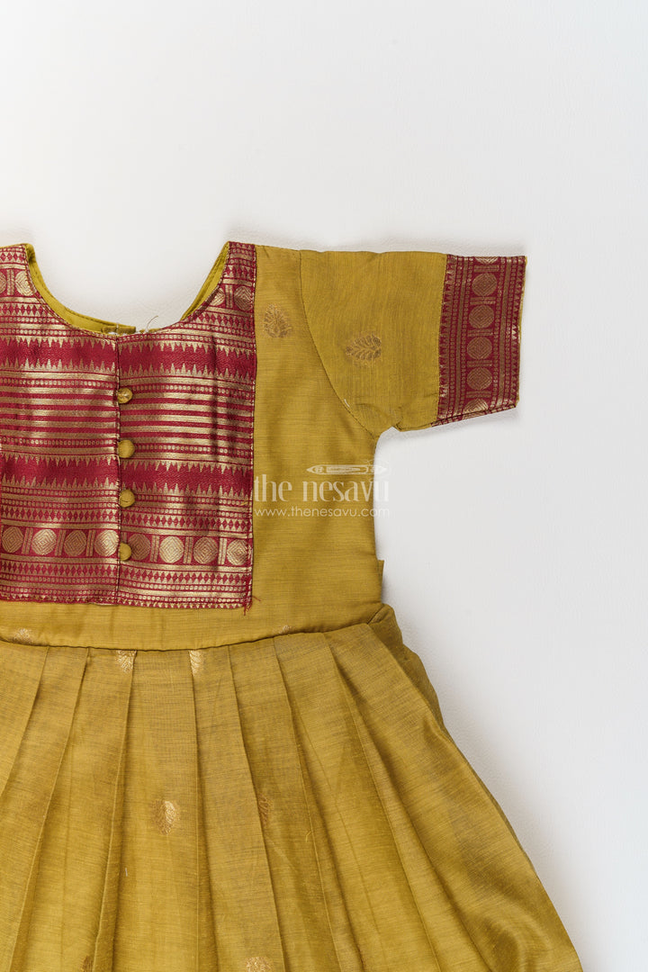 Girls Silk Blend Ethnic Frock in Olive Green with Maroon Panel Border