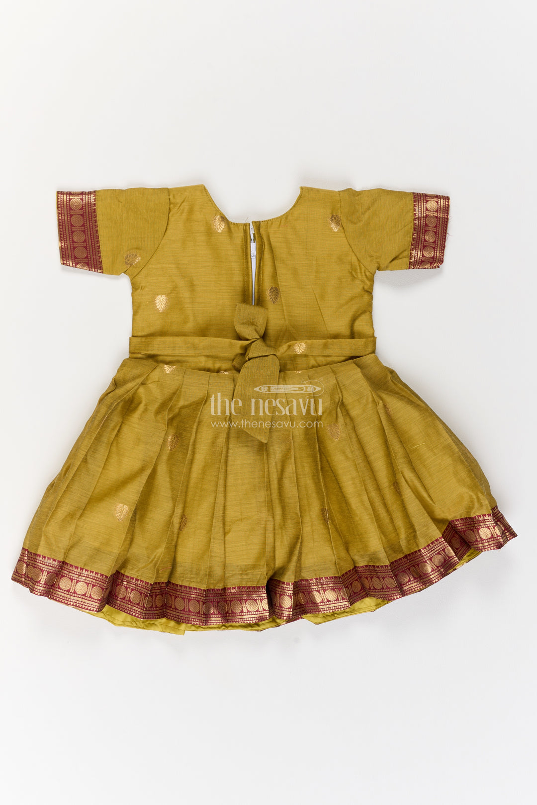 Girls Silk Blend Ethnic Frock in Olive Green with Maroon Panel Border
