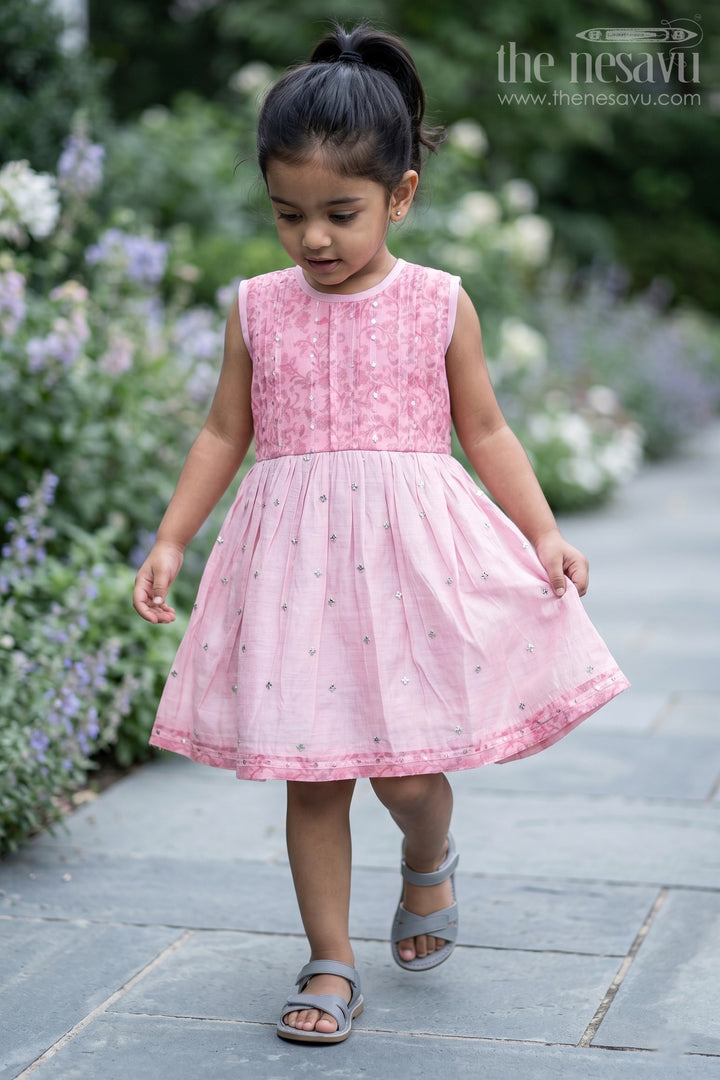 Girls Pink Cotton Frock with Embroidery and Chanderi Fabric for Elegant Festive Wear