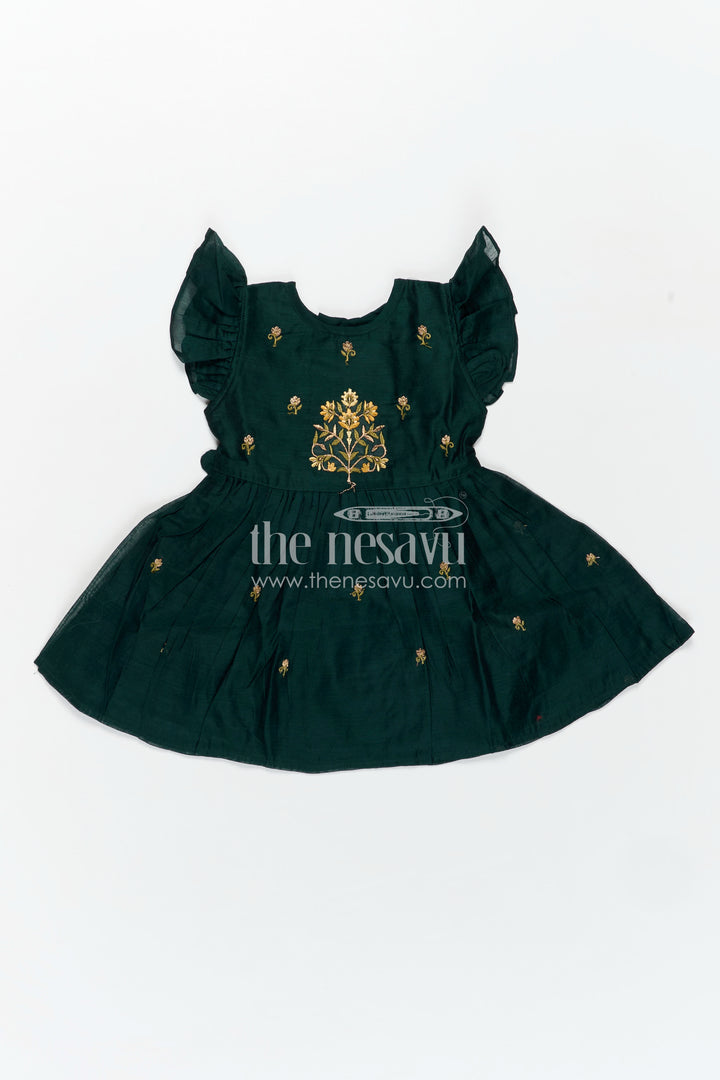 Girls Chanderi Cotton New Design Frock with Gold Thread Embroidery and Frilled Sleeves in Deep Green