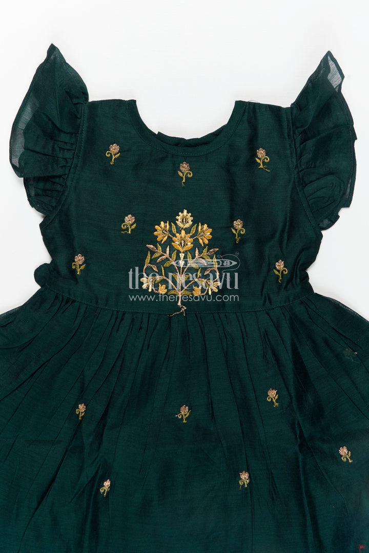 Girls Chanderi Cotton New Design Frock with Gold Thread Embroidery and Frilled Sleeves in Deep Green
