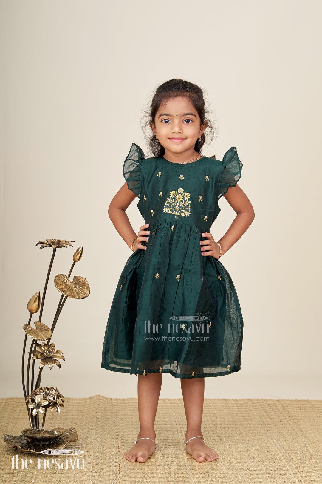 Girls Chanderi Cotton New Design Frock with Gold Thread Embroidery and Frilled Sleeves in Deep Green