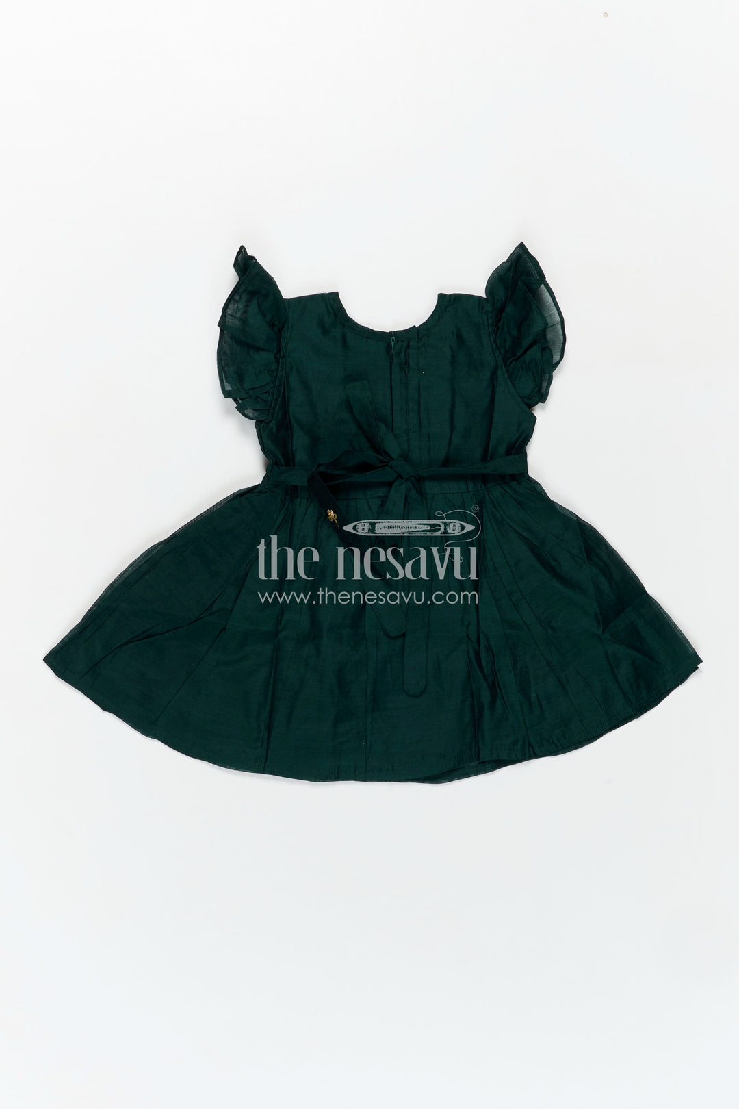 Girls Chanderi Cotton New Design Frock with Gold Thread Embroidery and Frilled Sleeves in Deep Green