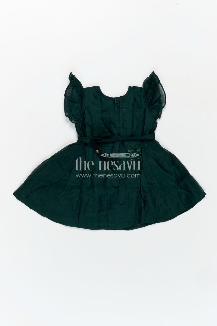Girls Chanderi Cotton New Design Frock with Gold Thread Embroidery and Frilled Sleeves in Deep Green