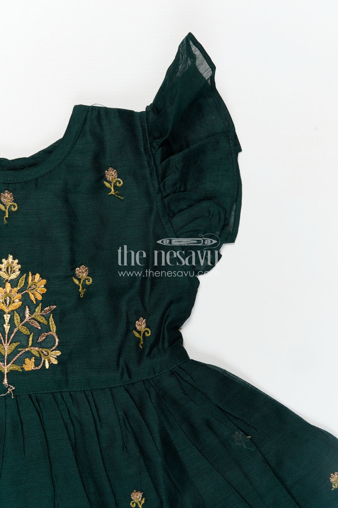 Girls Chanderi Cotton New Design Frock with Gold Thread Embroidery and Frilled Sleeves in Deep Green