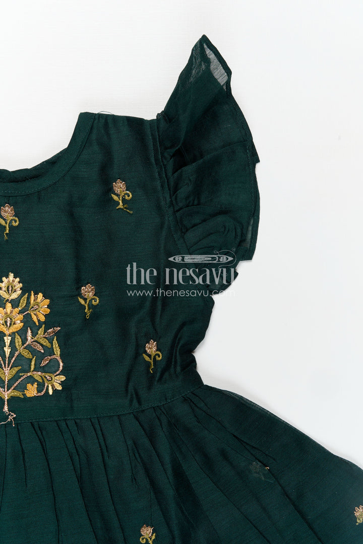 Girls Chanderi Cotton New Design Frock with Gold Thread Embroidery and Frilled Sleeves in Deep Green
