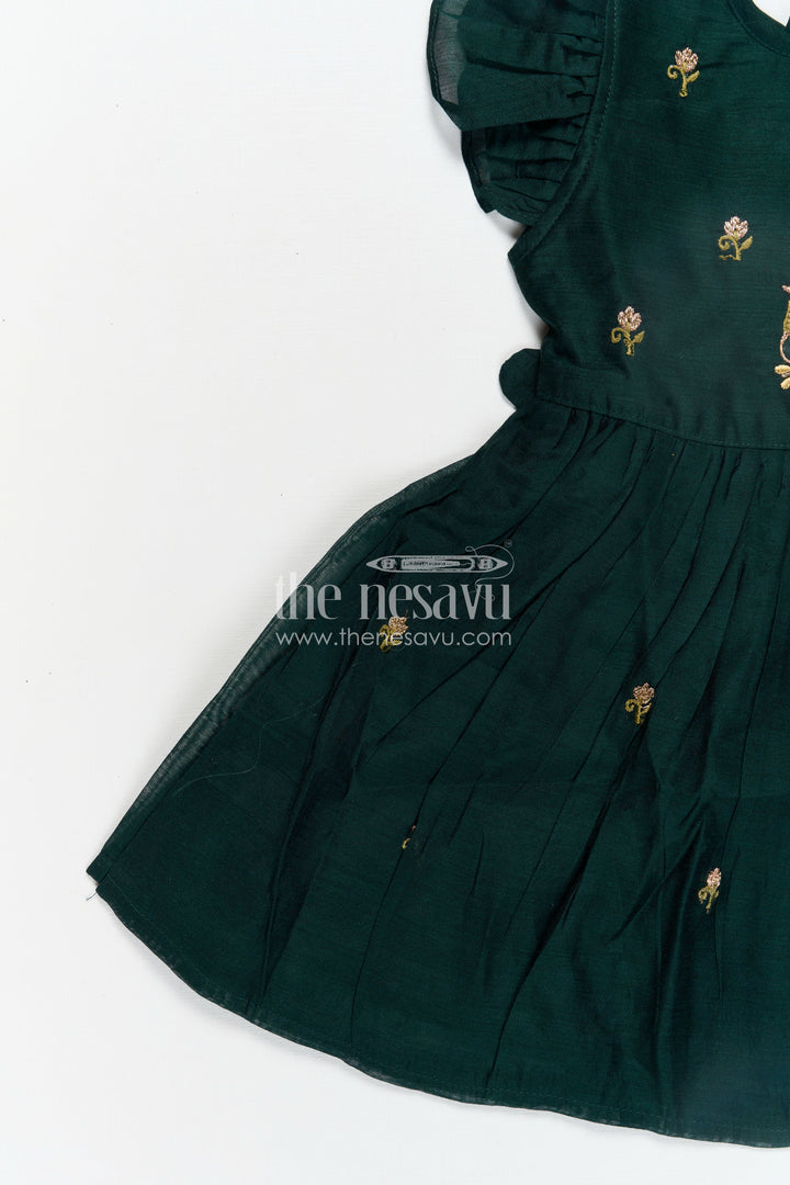 Girls Chanderi Cotton New Design Frock with Gold Thread Embroidery and Frilled Sleeves in Deep Green