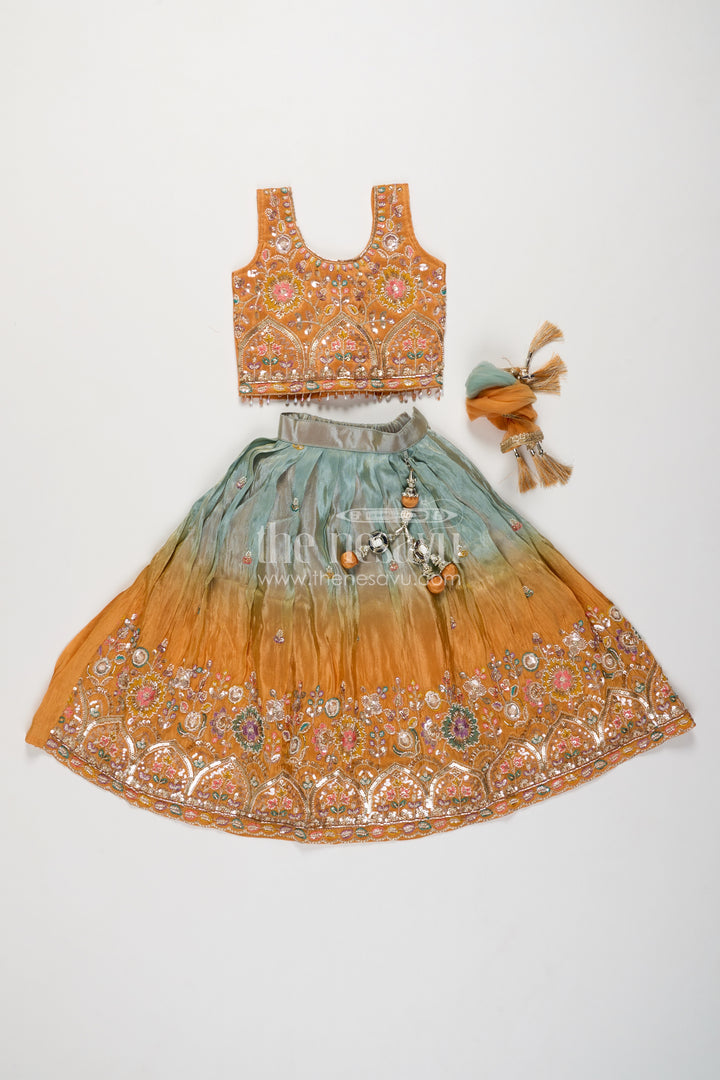 Girls Viscose Silk Lehenga Choli in Mustard with Ombre Floral Border