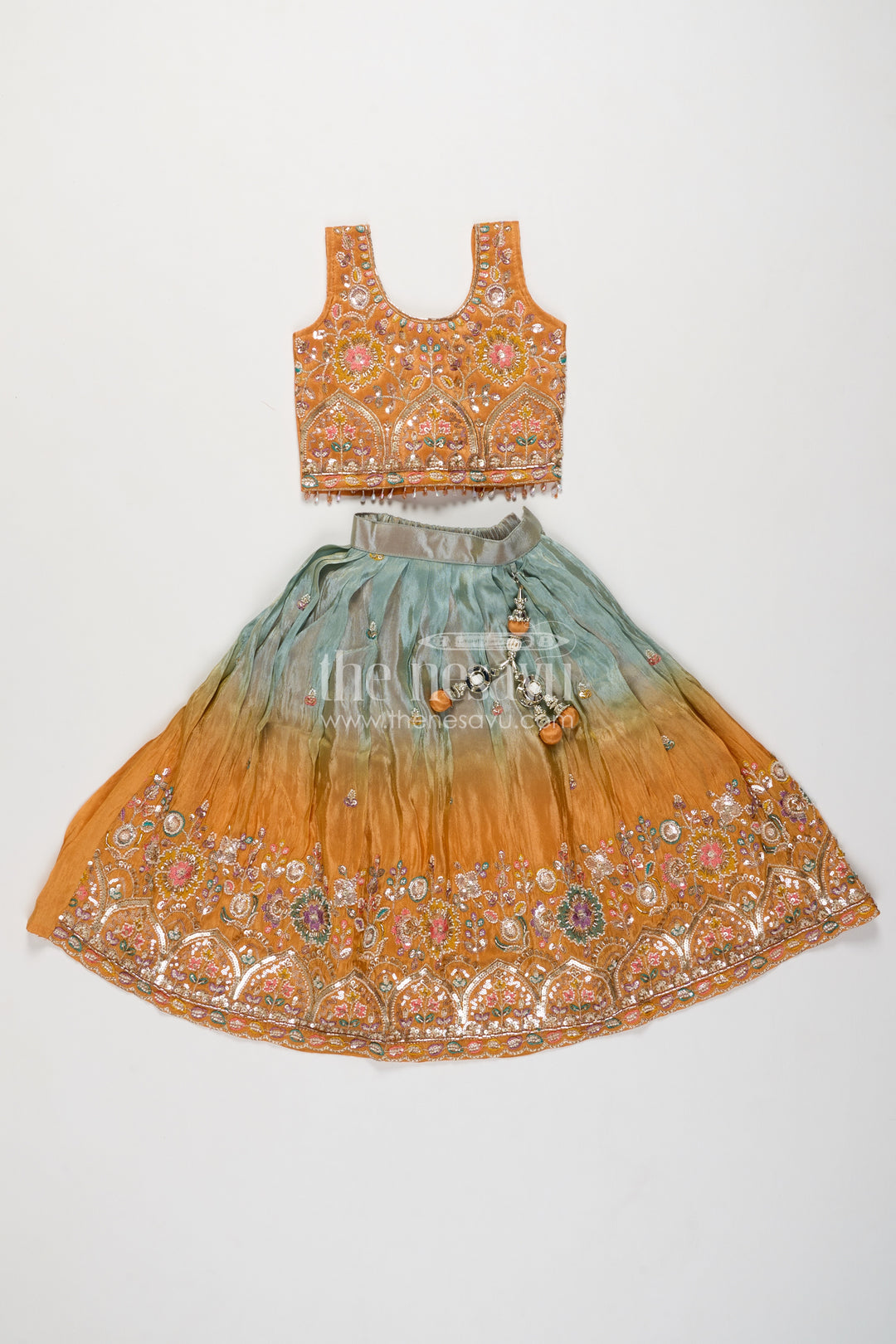 Girls Viscose Silk Lehenga Choli in Mustard with Ombre Floral Border
