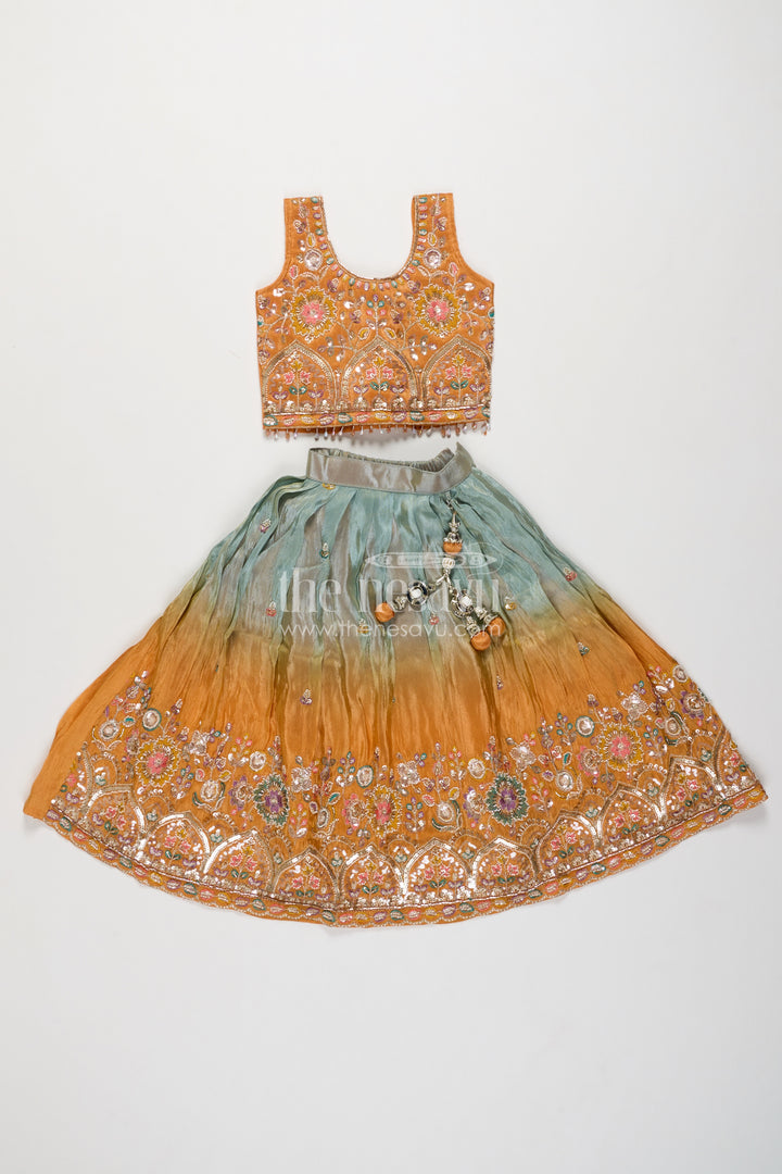Girls Viscose Silk Lehenga Choli in Mustard with Ombre Floral Border