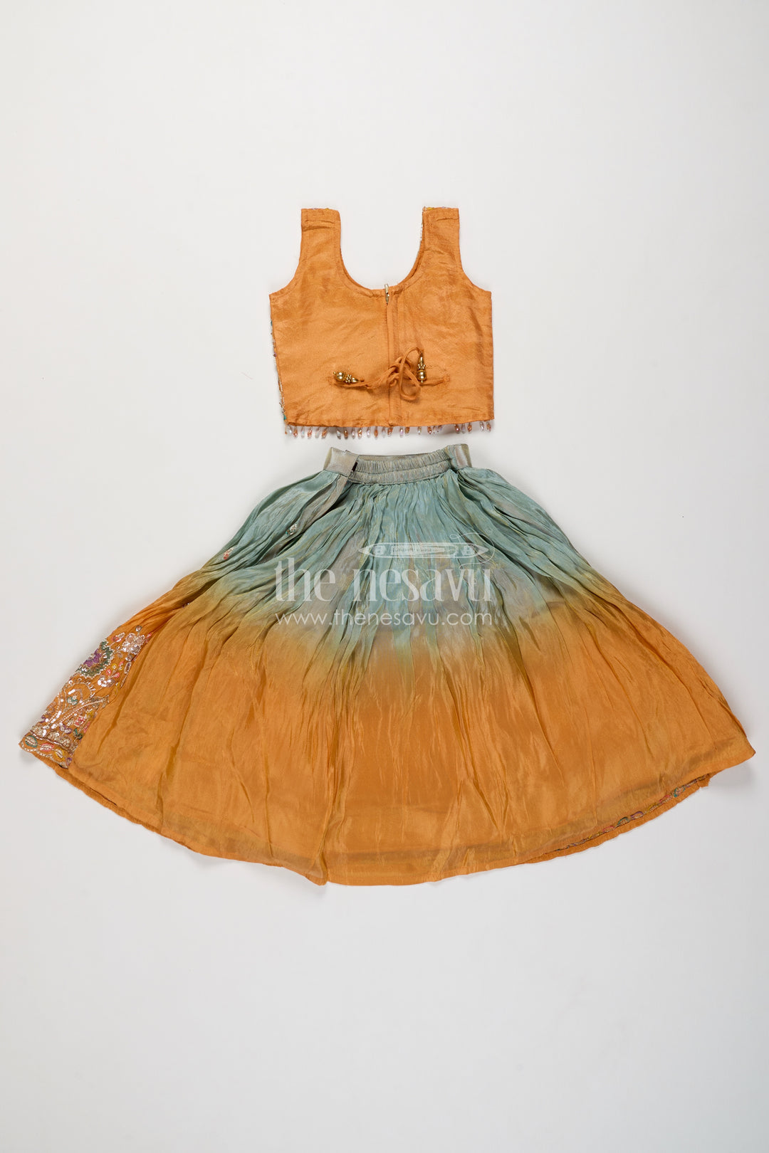 Girls Viscose Silk Lehenga Choli in Mustard with Ombre Floral Border