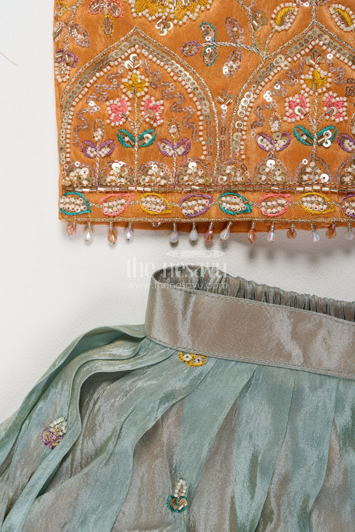 Girls Viscose Silk Lehenga Choli in Mustard with Ombre Floral Border