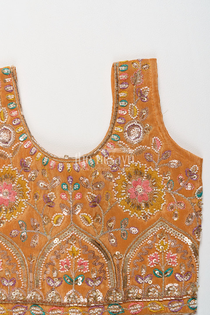 Girls Viscose Silk Lehenga Choli in Mustard with Ombre Floral Border