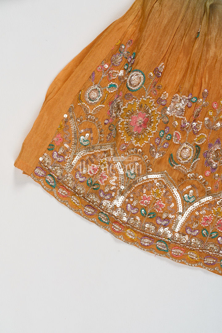 Girls Viscose Silk Lehenga Choli in Mustard with Ombre Floral Border
