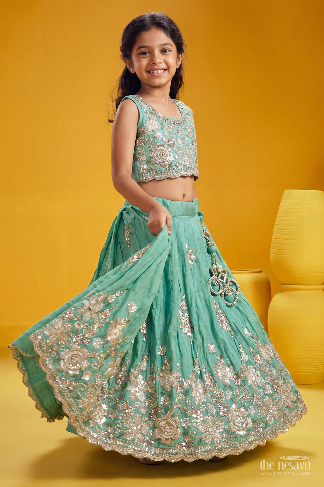 Kids Lehenga Set in Green for Celebrations and Photos