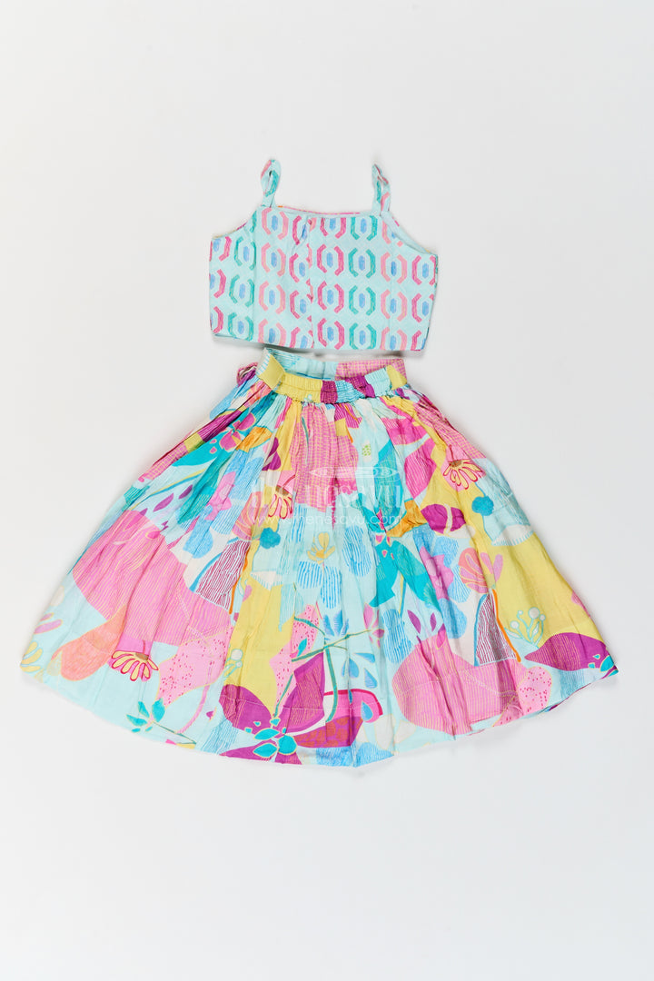Girls Viscose Georgette Lehenga Choli in Aqua Pink with Mixed Floral Print