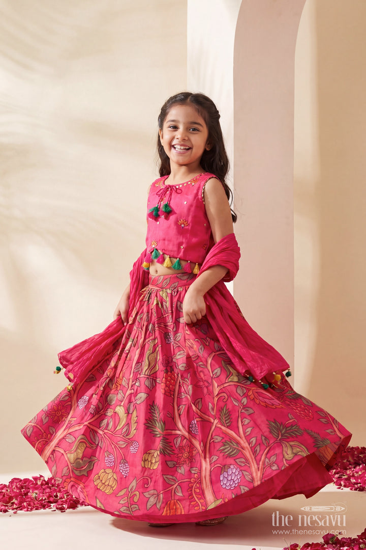 Girls Viscose Silk Lehenga Choli in Rani Pink with Botanical Print Tassel