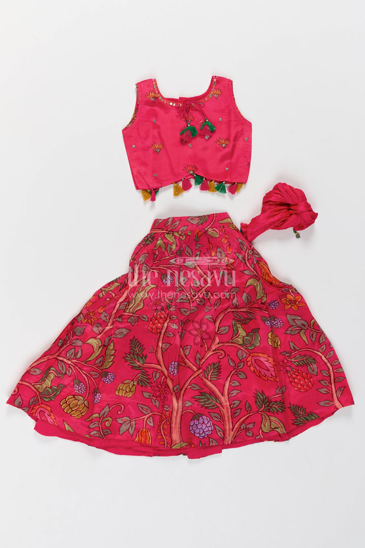 Girls Viscose Silk Lehenga Choli in Rani Pink with Botanical Print Tassel