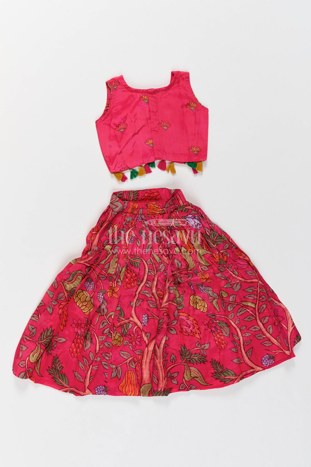 Girls Viscose Silk Lehenga Choli in Rani Pink with Botanical Print Tassel