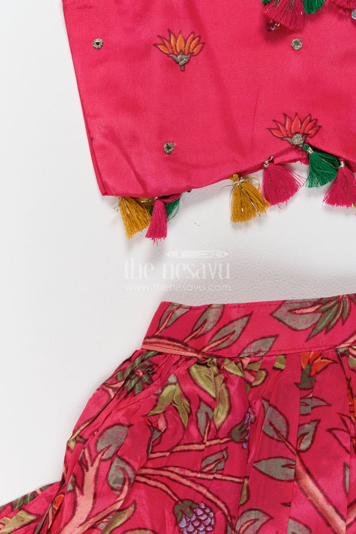 Girls Viscose Silk Lehenga Choli in Rani Pink with Botanical Print Tassel