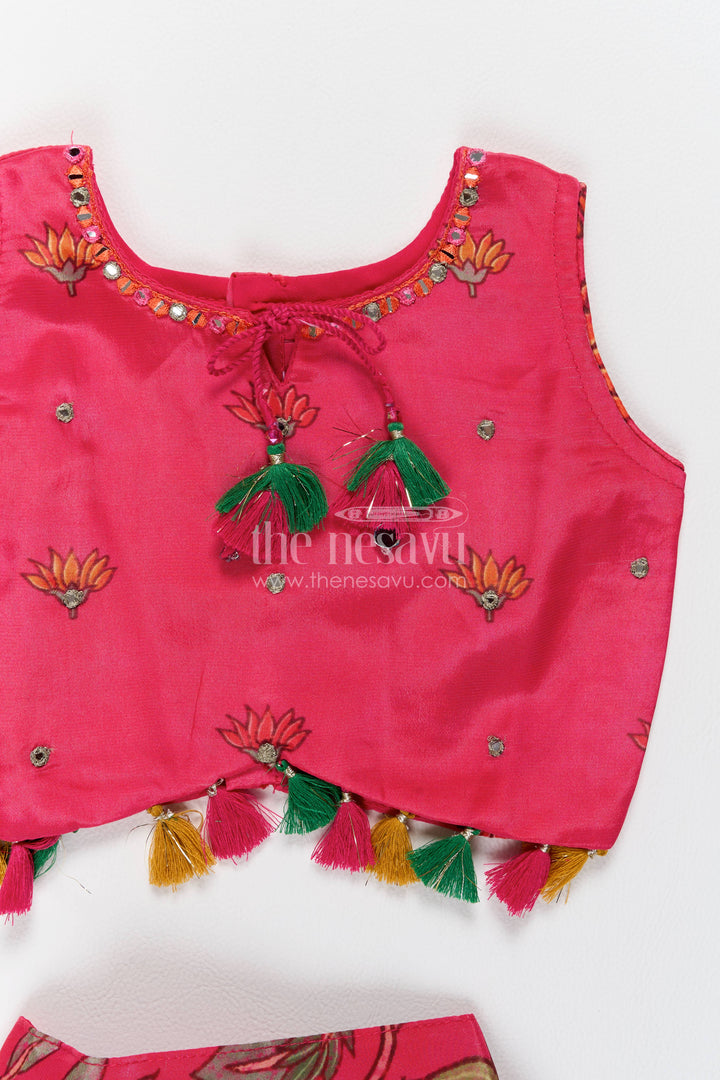 Girls Viscose Silk Lehenga Choli in Rani Pink with Botanical Print Tassel