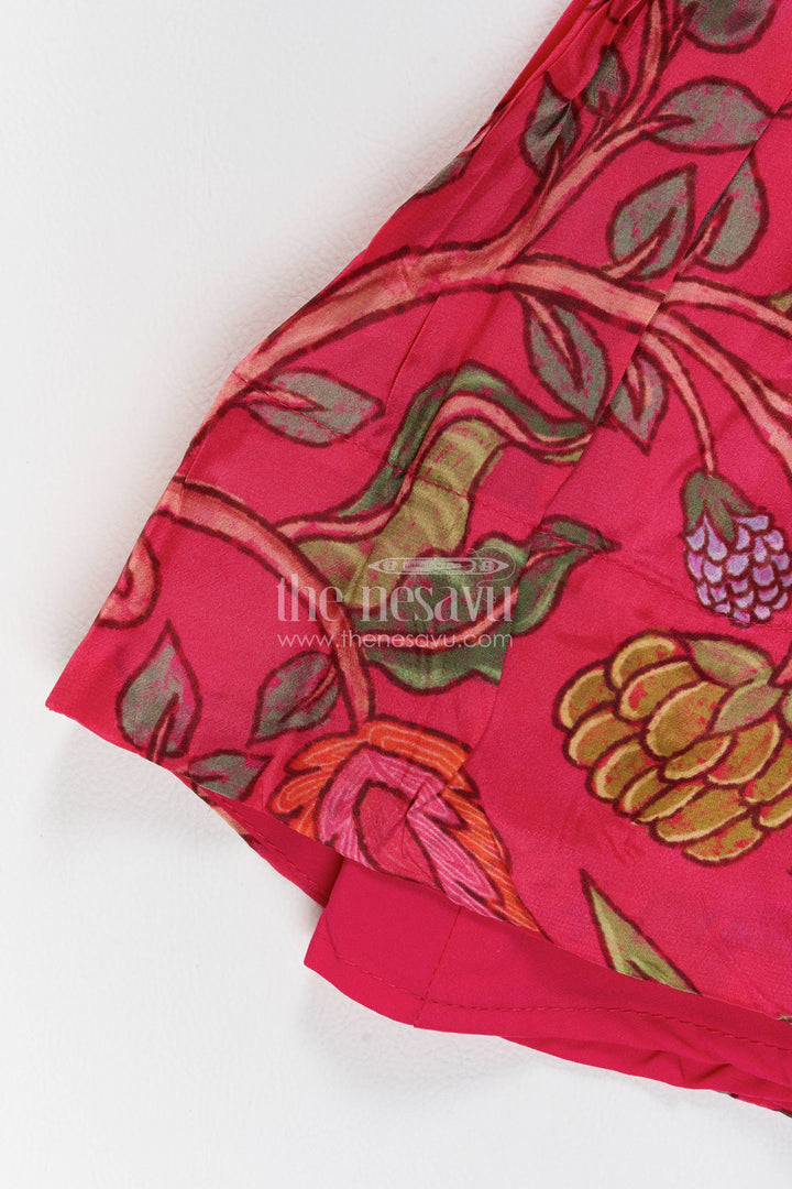 Girls Viscose Silk Lehenga Choli in Rani Pink with Botanical Print Tassel