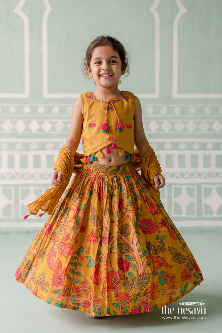 Girls Mustard Yellow Viscose Silk Floral Print Tassel Lehenga Choli