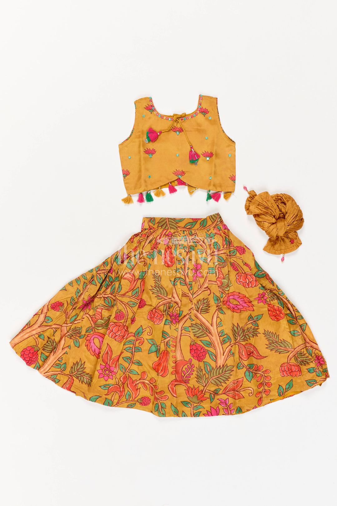 Girls Mustard Yellow Viscose Silk Floral Print Tassel Lehenga Choli