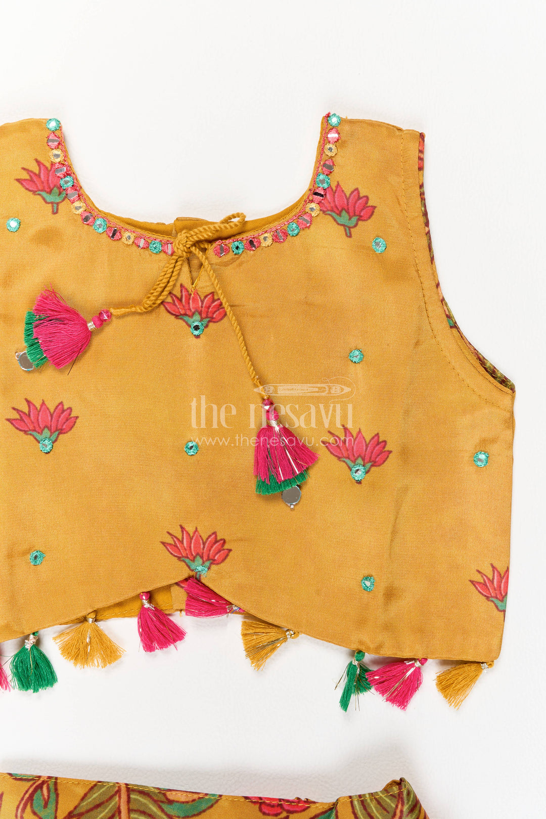 Girls Mustard Yellow Viscose Silk Floral Print Tassel Lehenga Choli