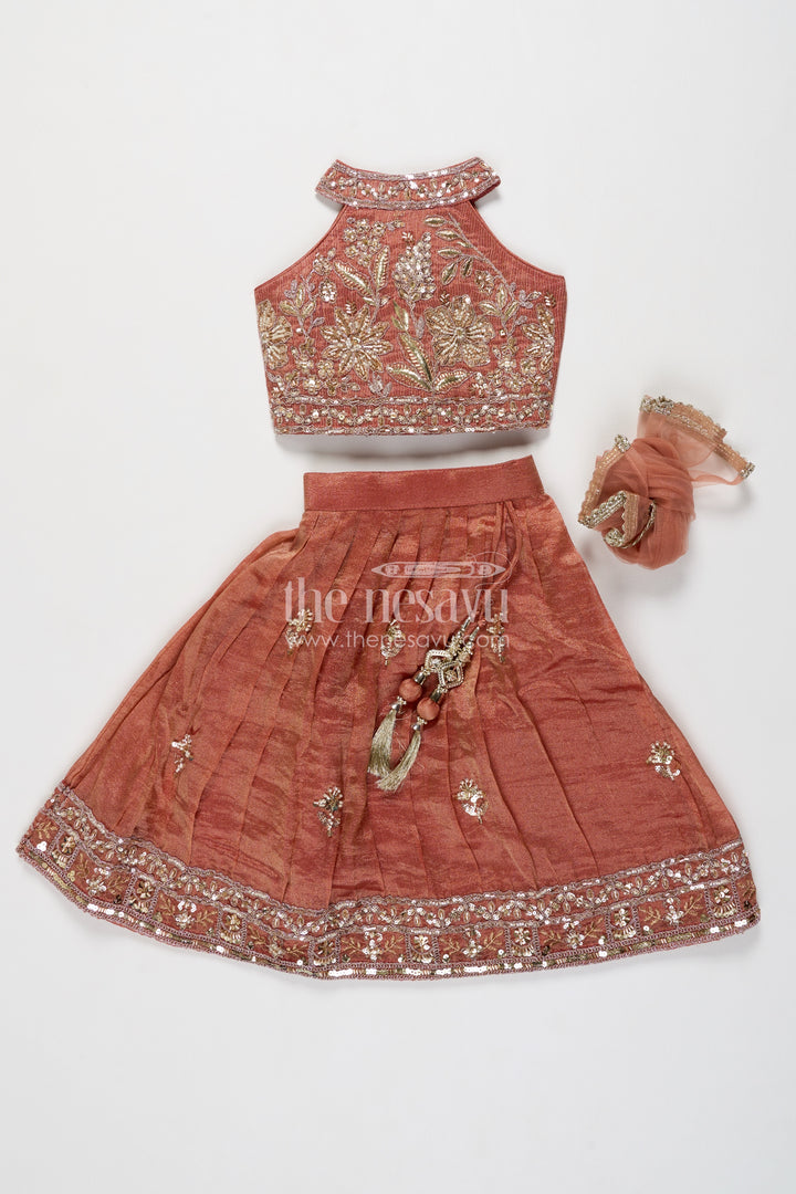 Girls Copper Orange Leaf Embroidered Halter Lehenga Choli