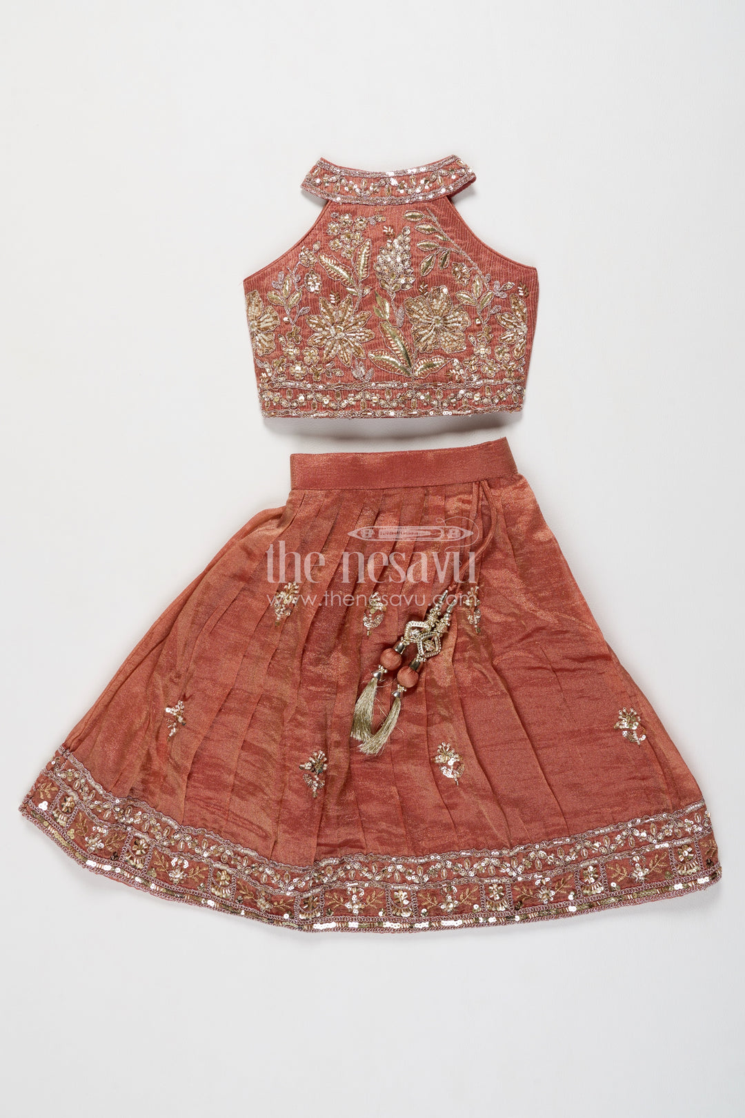 Girls Copper Orange Leaf Embroidered Halter Lehenga Choli