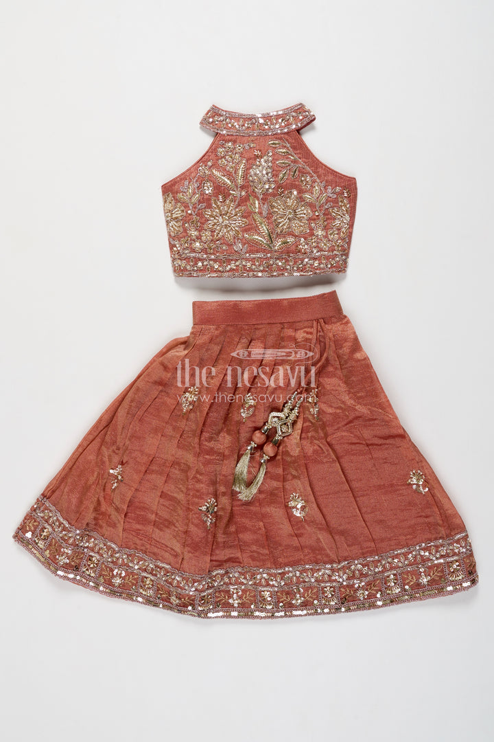 Girls Copper Orange Leaf Embroidered Halter Lehenga Choli